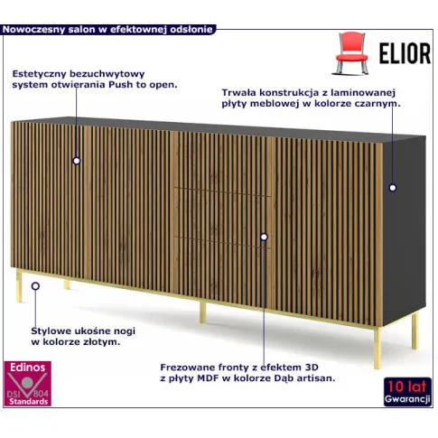 Komoda 200cm z szufladami czarny artisan złota rama Livorno 9X