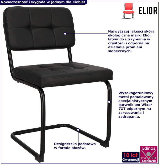 Infografika czarnego tapicerowanego krzesła na płozach Vobo 4X