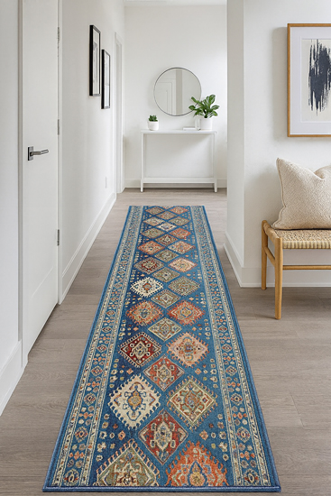 Niebieski wzorzysty chodnik dywanowy na metry - Juda 6X