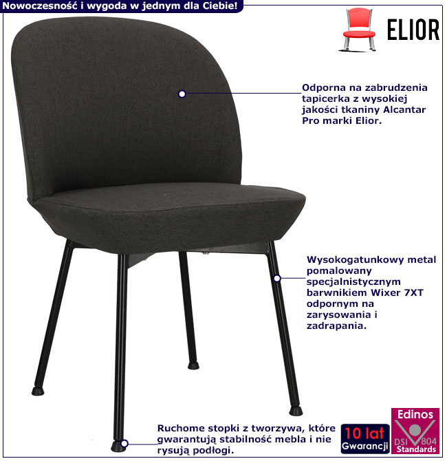 Infografika ciemnoszarego krzesła metalowego tapicerowanego Zico 3X