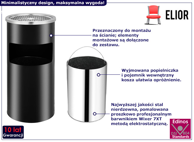 Ścienny kosz z popielniczką Finos kolor czarny