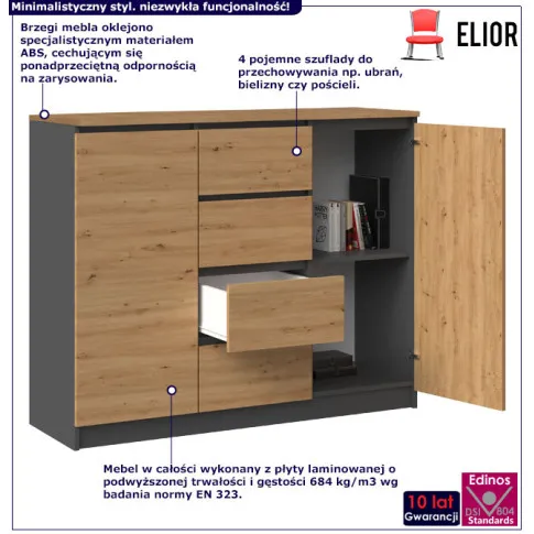 Infografika komody 120 cm Intia 2x antracyt artisan z blatem artisan