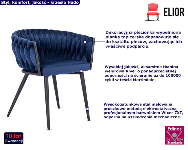 Granatowe welurowe plecione krzesło Tryton