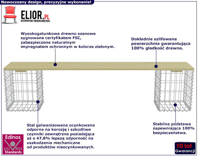 Nowoczesna gabionowa ławka ogrodowa Picanta XL