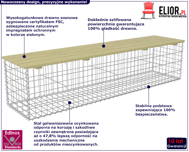 Nowoczesna gabionowa ławka ogrodowa Frafina XL zielona