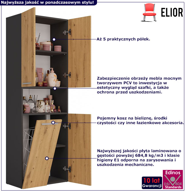 Nowoczesny regał do łazienki Kemi 2X w kolorze antracyt + dąb artisan
