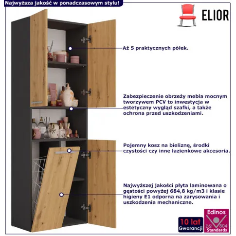 Infografika szafki łazienkowej z koszem na pranie antracyt artisan Malmo 2X