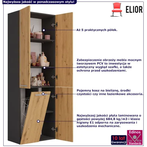 Infografika regału łazienkowego z koszem na pranie antracyt artisan Malmo 3X