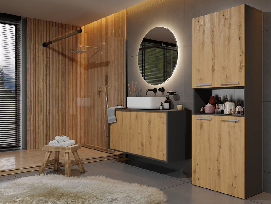 Łazienka nowoczesna z wykorzystaniem regał Malmo 5X w kolorze antracyt + dąb artisan
