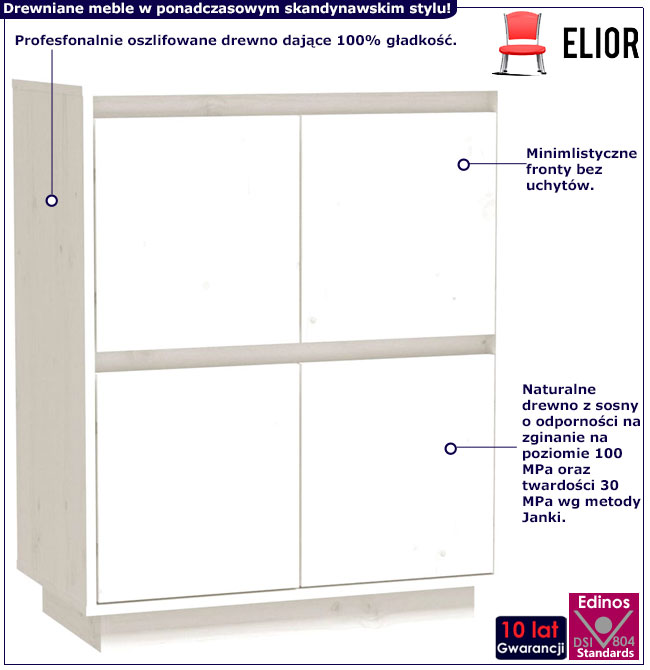 Infografika białej sosnowej szafki czterodrzwiowej Gravos