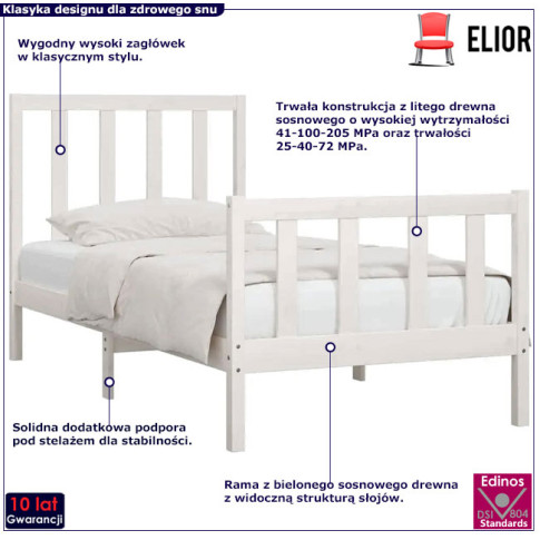 Drewniane łóżko w kolorz białym 90x200 Ingmar