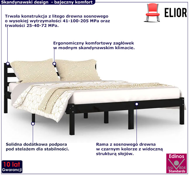 Czarne dwuosobowe łózko 140x200 Moreli 5X
