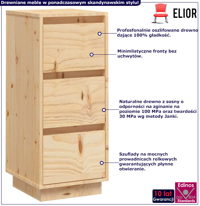 Infografika sosnowej drewnianej szafki z 3 szufladami Ewis 3x