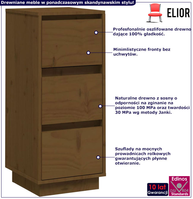 Infografika brązowej komody z 3 szufladami Ewis 3x