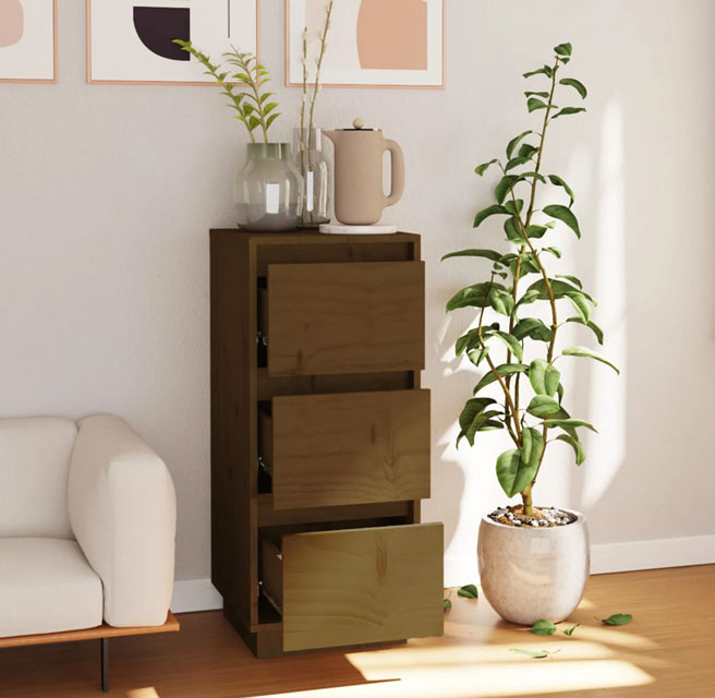 Wnętrze z wykorzystaniem komody z 3 szufladami Lors 3X miodowy brąz