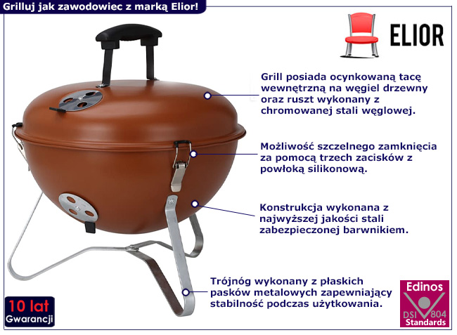 Okrągły grill z pokrywą Balto kolor pomarańczowy