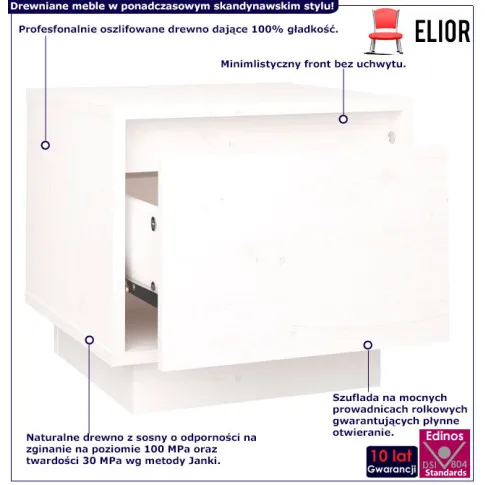 Infografika białej drewnianej szafki nocnej z szufladą Povo