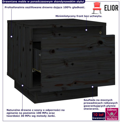 Infografika czarnej drewnianej szafki nocnej z szufladą Povo