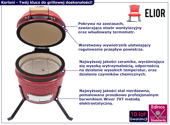 Czerwony ceramiczny grill z pokrywą Karloni