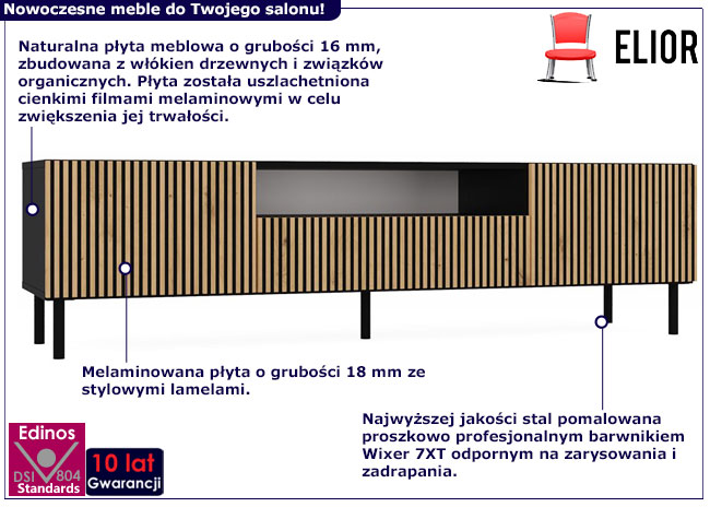 Infografika nowoczesnej szafki rtv ryflowanej Kemi 3X czarny + dąb artisan