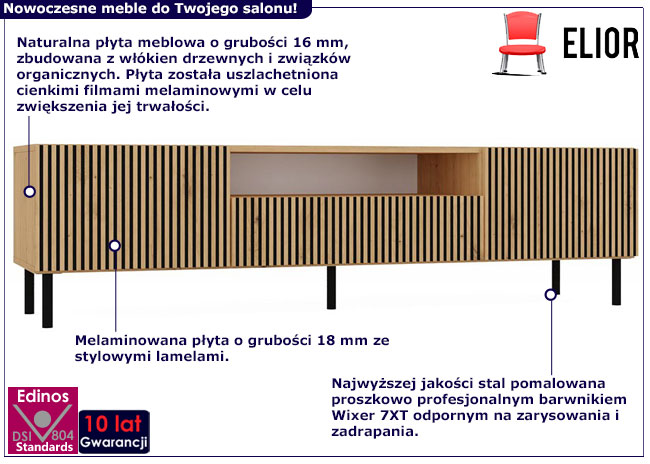 Infografika nowoczesnej szafki rtv ryflowanej Frea 3X dąb artisan
