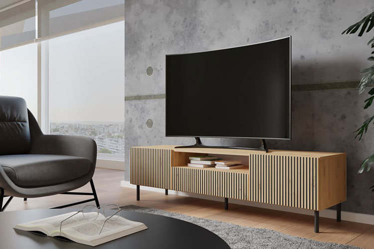 Wnętrze z wykorzystaniem szafki pod telewizor Frea 3X dąb artisan