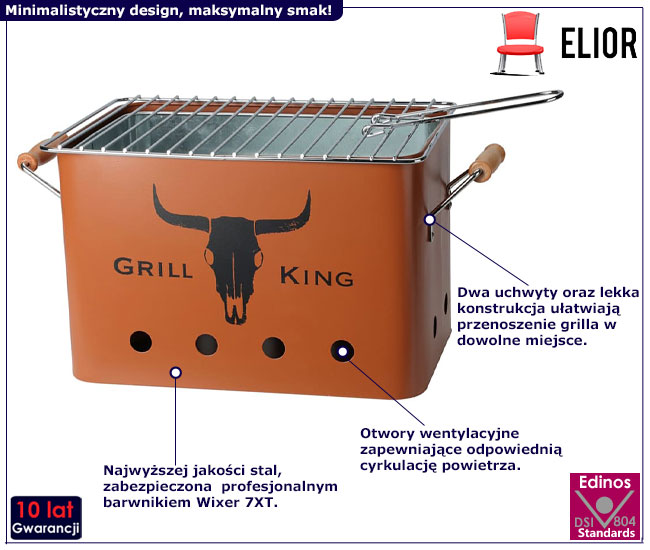Przenośny grill z drewnianymi uchwytami Mirano kolor pomarańczowy