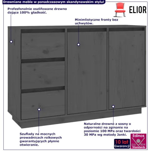Infografika szarej komody z 3 szufladami i szafką Ziva