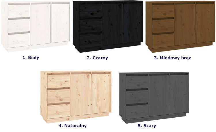 Kolory komody drewnianej z 3 szufladami i dwudrzwiową szafką Ziva