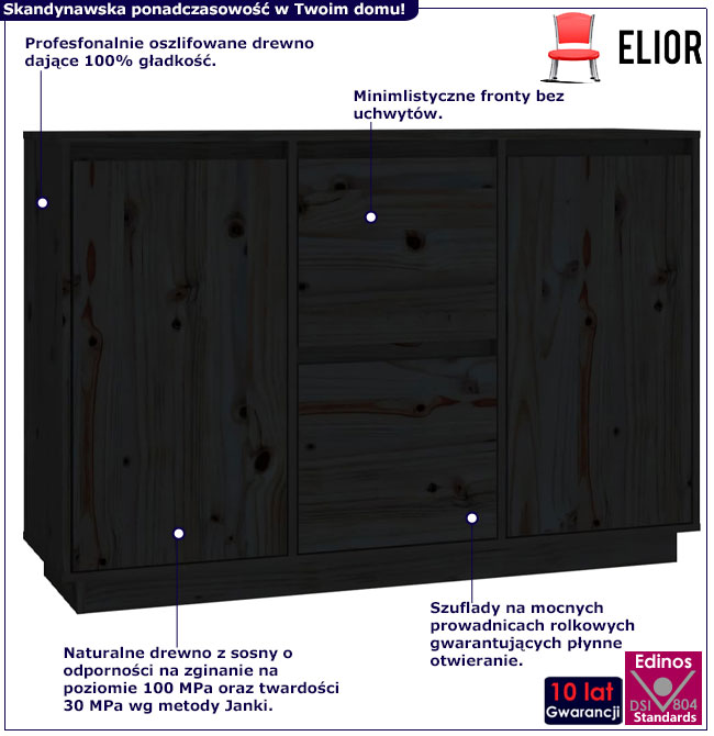 Infografika czarnej komody z 2 szufladami Elsa