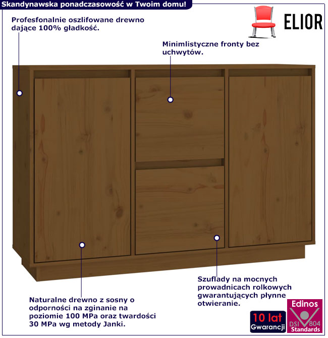 Infografika brązowej komody z 2 szufladami Olivia
