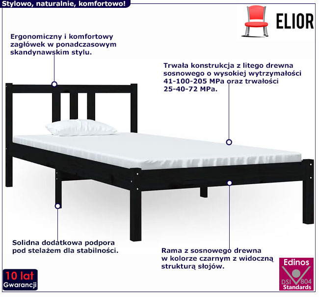 Czarne drewniane łózko Selima 3X 90x200
