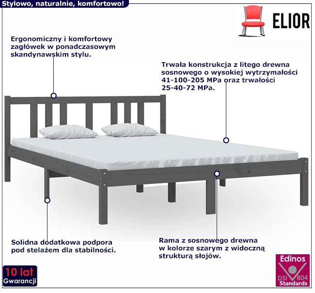 Szare drewniane łóżko 140x200 Carla 5X