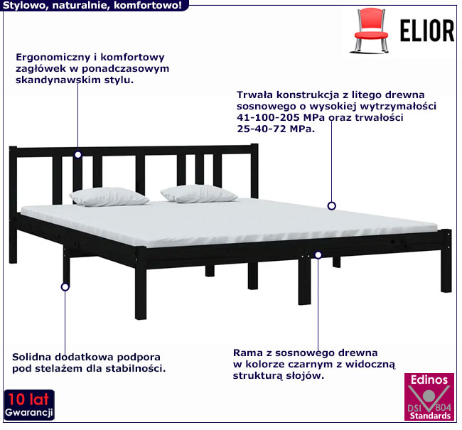 Czarne drewniane łóżko 160x200 Kenet 6X