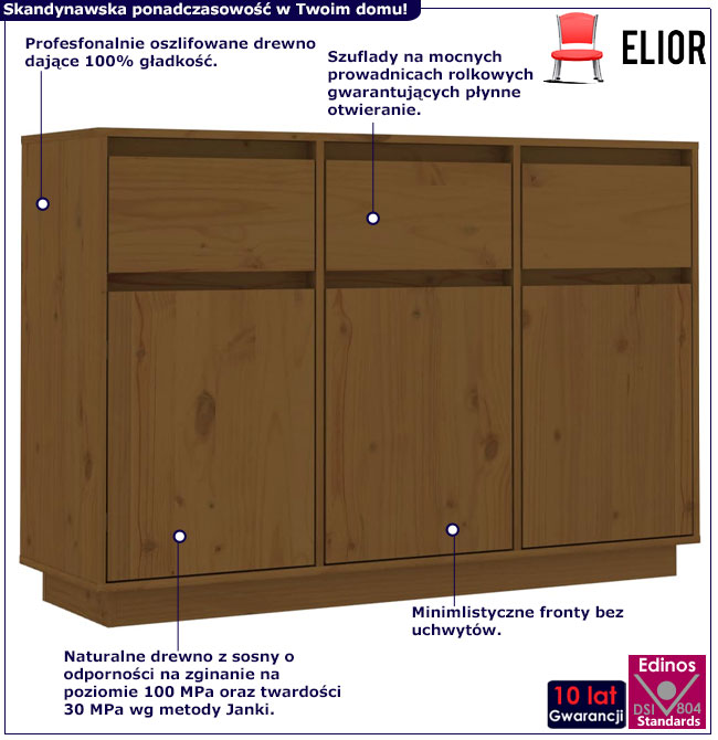 Infografika komody z litego drewna w kolorze miodowy brąz Olviso