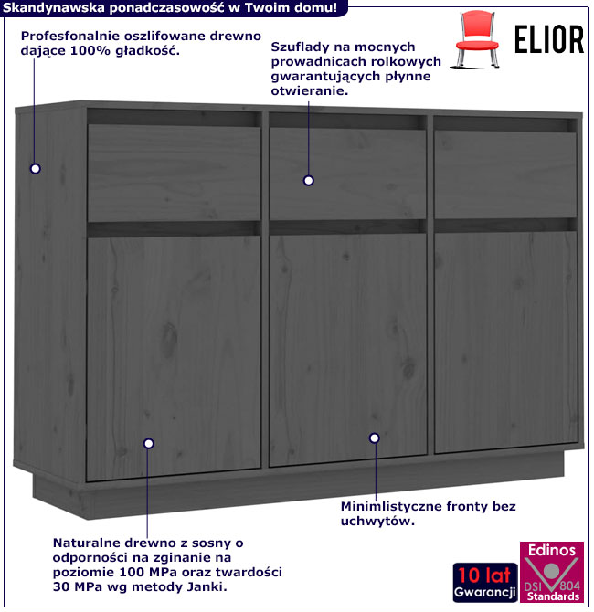 Infografika szarej komody z litego drewna Olviso