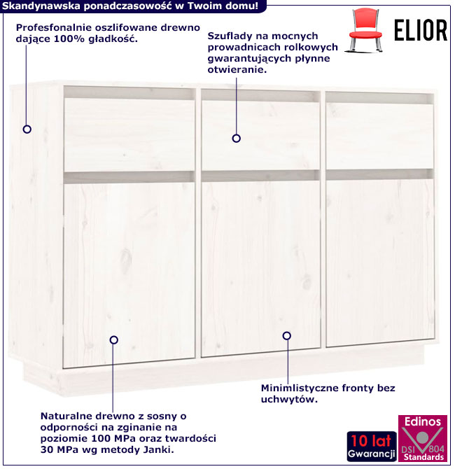 Infografika białej komody z litego drewna Olviso