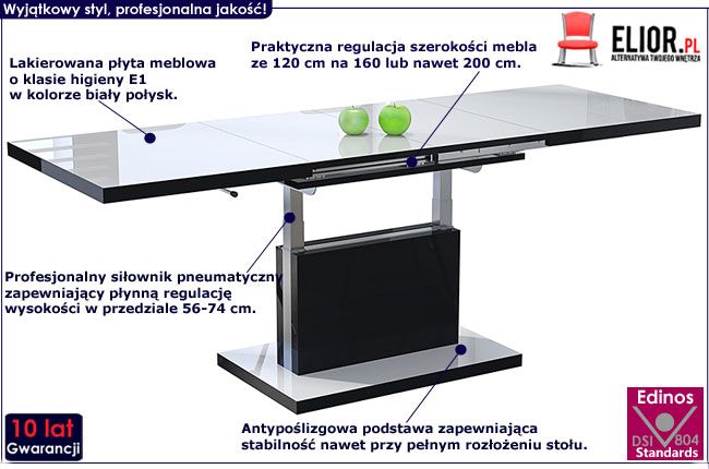Lakierowany ławostół biało czarny do salonu Chrom