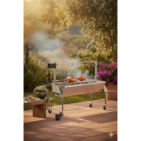 Srebrny grill ogrodowy z rożnem do pieczenia   Vanil