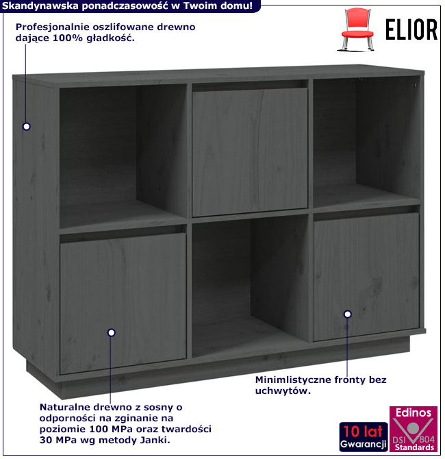 Infografika szarego sosnowego regału poziomego z 3 szafkami Sorik 3X