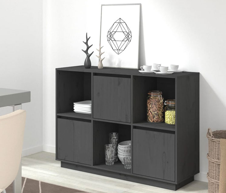 Wnętrze z wykorzystaniem szarego regału z litego drewna Sorik 3X