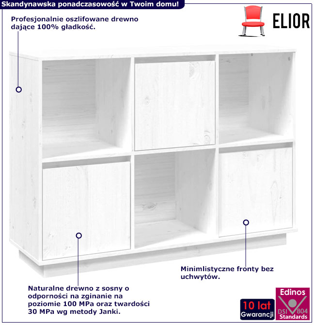 Infografika białego sosnowego regału poziomego z 3 szafkami Sorik 3X