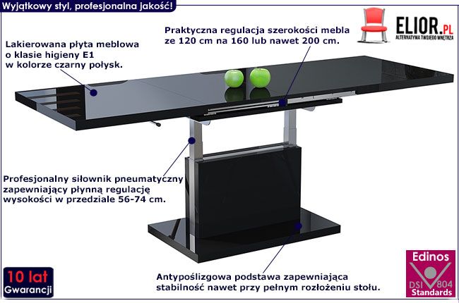 Rozkładana czarna ława lakierowana Chrom