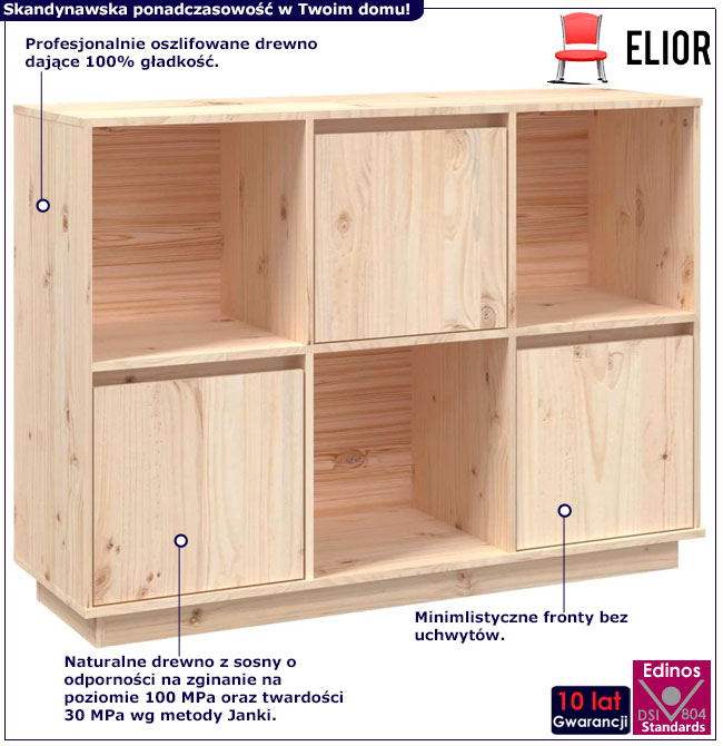 Infografika sosnowego regału poziomego z 3 szafkami Sorik 3X
