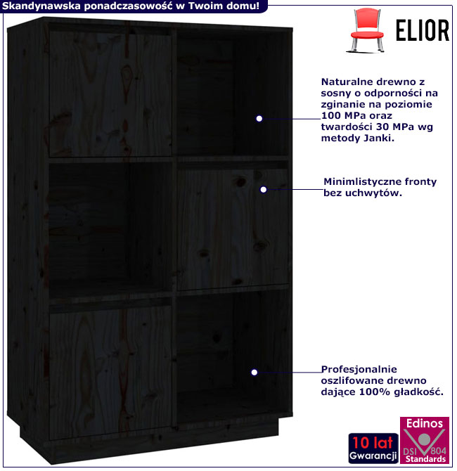 Infografika czarnego drewnianego regału z 3 szafkami Sorik 4X