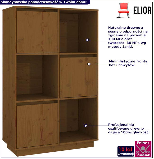 Infografika drewnianego regału z 3 szafkami miodowy brąz Sorik 4X
