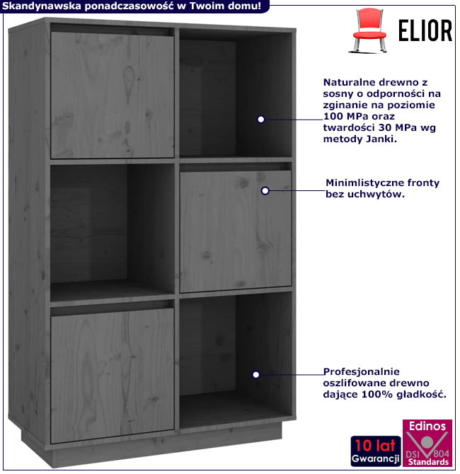 Infografika szarego drewnianego poziomego regału z 3 szafkami Sorik 4X