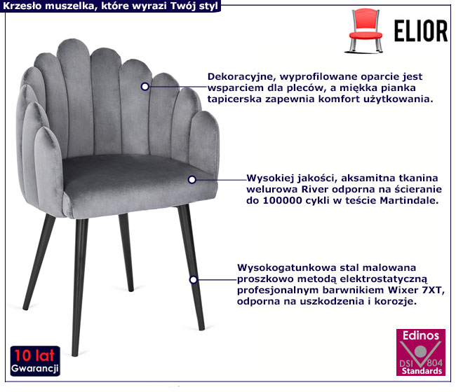 Szare welurowe krzesło muszelka Esceni
