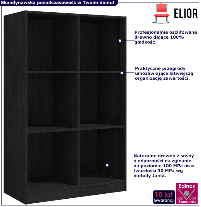 Infografika czarnego regału drewnianego do salonu Jevi 4X