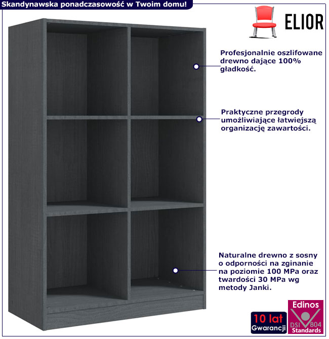 Infografika szarego regału drewnianego do salonu Jevi 4X